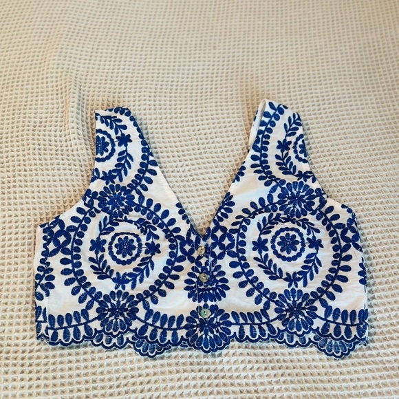 Tops - Embroidered Blue and White Women's Top